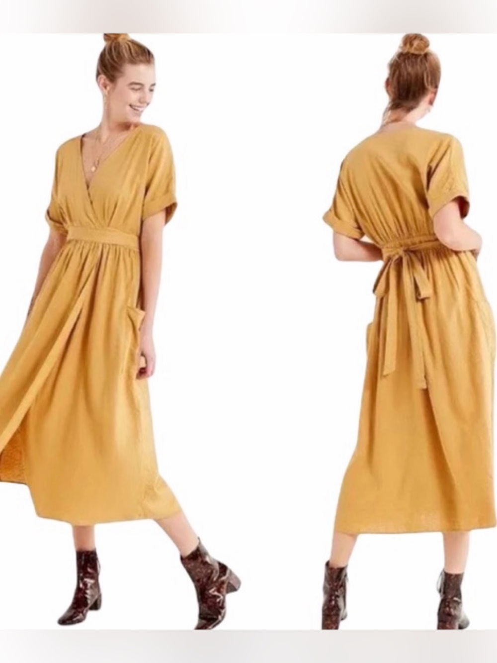 Urban Outfitters Gabrielle Gold 55% Linen Midi Wrap Dress lagenlook M